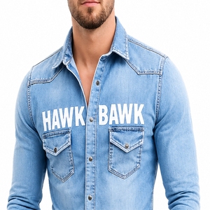 Camisa de mezclilla para hombre, corte ajustado, manga larga, cuello vuelto, algodón lavado, estilo casual con bolsillos, tela de mezclilla de alta calidad - Product Image 5