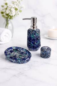 Juego de baño moderno de resina ovalado con dispensador de jabón y bandejas con diseño de mármol turquesa, fácil de limpiar. - Product Image 4