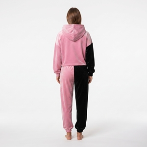 Ensemble sweat à capuche et pantalon en velours pour femme, color block rose et noir, manches longues, poignets côtelés, coupe ample, tenue décontractée - Product Image 6