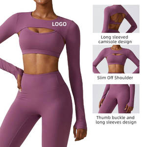 New Custom Logo Women Sports Bra Long Sleeve Crop Tops Zip-up Yoga <b>Jackets</b> High Elastic Waist <b>Workout</b> Leggings Gym Fitness - Product Image 2