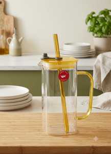 Rectangle Ceramic Pitcher Straw Reusable Luxury Design Yellow Handle <b>Lid</b> Food Grade <b>Glass</b> <b>Bottle</b> Eco Friendly 300mm Diameter - Product Image 5