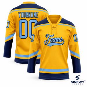 SINEWY SPORTS Maillot de Hockey sur Glace Personnalisé Jaune Bleu Sublimé Col Rond Manches Longues Anti-Transpiration Respirant à Capuche Adulte Unisexe - Product Image 1