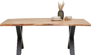 โต๊ะอาหารทรงโมเดิร์นขาเหล็ก X แบบฉีกขาด หน้าโต๊ะไม้เนื้อแข็งอะคาเซียขอบธรรมชาติ สีดำธรรมชาติ เหมาะสำหรับบ้าน ห้องครัว ร้านอาหาร - Product Image 3