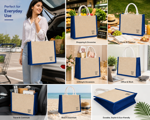 Eco-Friendly Jute Beach Shopping <b>Bag</b> <b>Medium</b> <b>Size</b> Keep It Simple Print Blue Trim Hand Carry Grocery Tote - Product Image 5