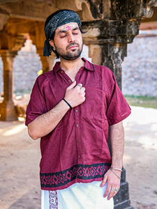 Men <b>Maroon</b> Khadi Cotton Short Kurta Shirt with Hand Block Printed Border Traditional Rajasthani Ethnic Fusion Wear <b>Top</b> - Product Image 6
