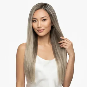 Perruque complète en dentelle 100 % cheveux Remy, raides, avec mèches, longues, ombrées, couleur cendrée, texture ondulée naturelle, cheveux humains personnalisables - Product Image 5