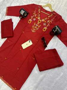 Designer 100% Cotton Red Embroidered Women Suit with Kurta Pant <b>Dupatta</b> for Wholesale Buyers - Product Image 4