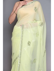 Sari KV Embellecido con Zari Jaipur Verde Claro con Blusa Sin Coser - Product Image 2