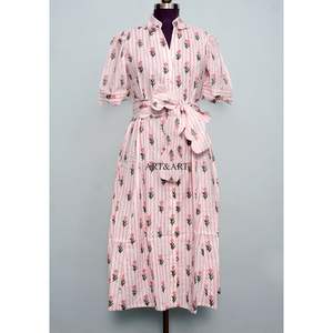 Nouvelle arrivée, robe mi-longue indienne style A, décontractée, pour soirée, robe d'été pour femme, une pièce, confortable au quotidien, 100% coton pur, imprimé floral Kangura - Product Image 1