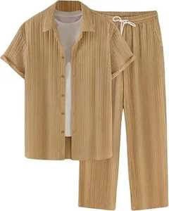 Men Summer 2 Piece Set Short Sleeve Button Shirt Drawstring <b>Pants</b> Pleated Lounge Outfit Turn <b>Down</b> Collar Elastic Waist - Product Image 3