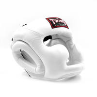 Protège-tête double blanc professionnel personnalisé pour Muay Thai, Boxe, Taekwondo, avec fermeture à boucle réglable, en PU respirant et barre de protection pour les joues