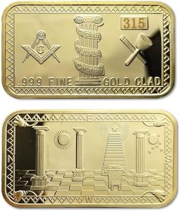 Pièce de monnaie maçonnique rectangulaire plaquée or .999 Fine avec motif des Piliers Foi Espoir Amitié, objet de collection artistique - Product Image 1