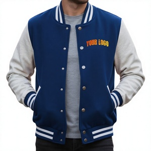 Veste universitaire bleue pour homme, manches grises, logo brodé sur le devant, style décontracté, extérieur en laine et viscose, doublure en laine, écologique, coupe classique - Product Image 3