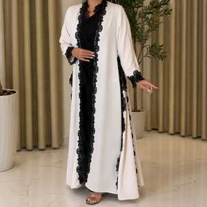 Robe Abaya en dentelle florale noire et blanche pour femmes adultes, élégante, modeste, islamique, col haut, manches longues, longueur au sol, tenue de soirée, kimono - Product Image 3