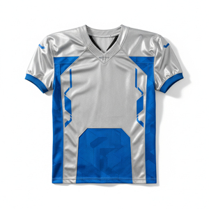 Maillot de football américain personnalisé sublimé respirant pour homme, col en V, manches courtes, anti-humidité, uniforme d'entraînement bleu et argenté - Product Image 1