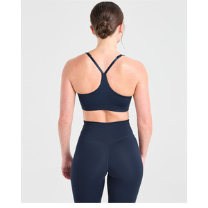 Último modelo de sujetador deportivo transpirable azul marino, tallas grandes, de alto soporte, con tirantes traseros ajustables, escote en V y logo frontal alto, para adulto. - Product Image 3