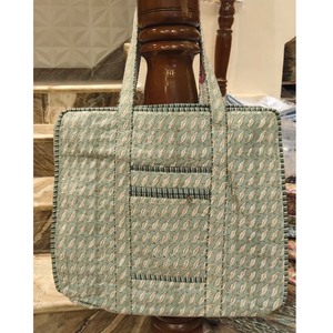<b>Panelled</b> Canvas Tote Bag With Leaf Pattern Open Top All Seasons Shopping Office College Casual Outing Gift Use Hand Block Print - Product Image 4