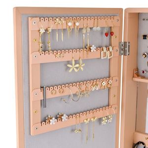 Mensola a tre livelli in legno e pelle da parete con specchio interno non a tutta pendenza, mobiletto porta gioielli con specchio integrato color pesca - Product Image 3