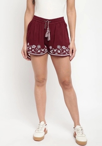 Shorts brodés rouges pour femmes avec cordon de serrage à la taille, coupe régulière, en coton tricoté respirant, taille mi-haute - Product Image 1