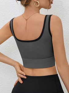 Women Contrast Panel Athletic Tank <b>Top</b> Built In Chest Pad Insert Ribbed Microfiber Yoga Exercise Gym <b>Crop</b> Bralette - Product Image 3
