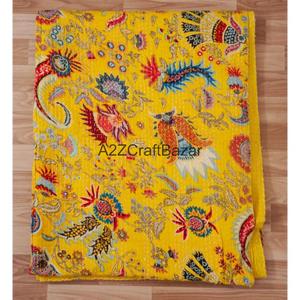 Couvre-lit Kantha en coton pur à 100 % imprimé à la main, motif floral vintage Gudri, fabriqué en Inde - Product Image 5