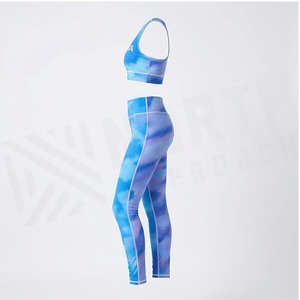 North Approach 2 Piece Yoga <b>Set</b> Gradient Blue <b>Tie</b> <b>Dye</b> Crop Top High Waist Leggings Breathable Spandex Polyester Sportswear - Product Image 3