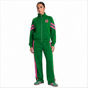 Conjunto Deportivo de Felpa para Mujer, Verde y Rosa a Rayas, Manga Larga, Corte Holgado, para Todas las Temporadas, 2 Piezas - Product Image 2