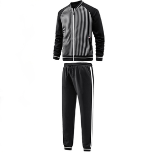 Ensemble de survêtement 2 pièces pour homme, rayé noir et blanc, veste zippée à col rabattu, manches longues, pantalon de survêtement à cordon de serrage, décontracté - Product Image 1
