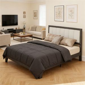 Charcoal Gray Upholstered <b>Platform</b> <b>Bed</b> <b>Frame</b> with Headboard - Product Image 1