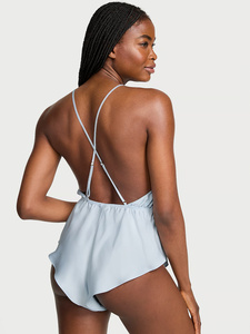 <b>Women's</b> Light Blue Chiffon Sleeveless Sleep <b>Romper</b> Halter Neck Elastic Waist Summer Sexy Solid Color Full Length Sleepwear - Product Image 3