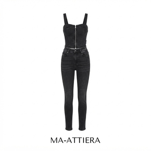 Ensemble corset en jean noir et jean skinny pour femme, fermeture éclair sur le devant, tenue décontractée deux pièces, style streetwear assorti - Product Image 3