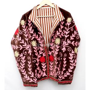 Velvet Floral Embroidered <b>Reversible</b> Breathable Eco-Friendly Mandarin Collar Full Sleeve Autumn Women's <b>Coat</b> Cotton Lining - Product Image 2