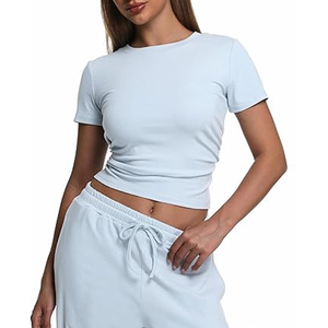 Ensemble de vêtements pour femmes en modal doux, à lacets, uni, long, avec haut à manches courtes et pantalon assorti - Product Image 5