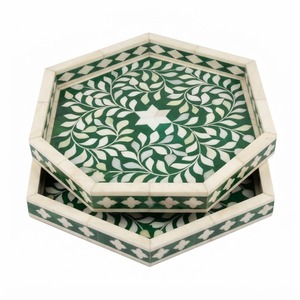 Handcrafted Geometric Bone Inlay Serving <b>Tray</b> Luxury Blue And <b>White</b> Mosaic Decorative Ottoman <b>Tray</b> For Hotel And Home Decoration - Product Image 2