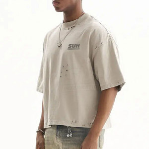 เสื้อยืดผู้ชายสไตล์ดิสเทรส 100% ผ้าฝ้าย พรีเมียม ลำลอง สตรีทแวร์ รับผลิตแบบ OEM แบรนด์ส่วนตัว ระบายอากาศได้ดี เป็นมิตรกับสิ่งแวดล้อม - Product Image 2