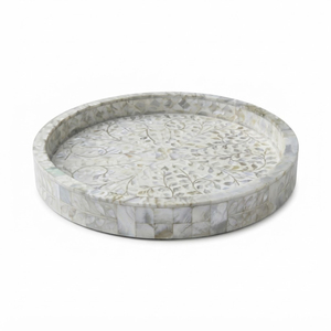 Plateau décoratif classique en nacre incrustée, motif nid d'abeille hexagonal, mosaïque MOP, fait main, laqué, en vente - Product Image 3