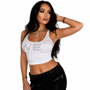 Customized Sexy Ladies Rhinestone Letter Ribbed Crop Tank <b>Top</b> Slim Fit Street Fashion Summer Casual Wear OEM Women's Shirts USA - Product Image 4