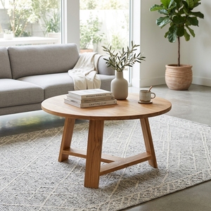 Modern <b>Rustic</b> Solid Wood Coffee Table Elegant Trestle Leg Round Wooden Accent Table For Home Setup Art Design Pure Art Setup Art - Product Image 5