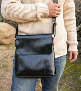 Sac bandoulière en cuir véritable motif alligator avec fermeture éclair, sangle amovible, style vintage, unisexe, usage quotidien - Product Image 5
