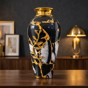 Luxury Black Marble <b>Vase</b> with <b>Gold</b> Leaf Accent Decorative Metal Flower <b>Vase</b> Elegant Home Decor Table Centerpiece - Product Image 6