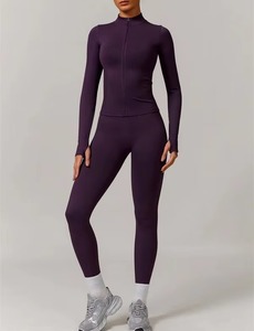 Wholesale Womens Seamless <b>Zipper</b> <b>Jacket</b> Top and Pants Set High Elasticity Yoga Running Sportswear Comfortable Gym Outfit - Product Image 4