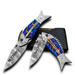 Cuchillo industrial multiusos EDC de 7.5 pulgadas con hoja de acero de Damasco de punta caída y mango de acero grabado con diseño de piña, ideal para pesca. - Product Image 1