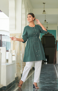 Vestido Túnica de Playa para Mujer, Talla Grande, Corte A, de Algodón Kantha No Tejido, Color Verde, Ecológico, Festivo, Étnico, con Cuello y Manga 3/4 - Product Image 4