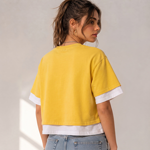 Crew Neck Short Sleeve Double Layer Tee 100% Cotton Puff Print <b>Crop</b> <b>Top</b> Ladies Double Sleeve <b>Crop</b> Tee Short Sleeve Loosed Shirt - Product Image 2
