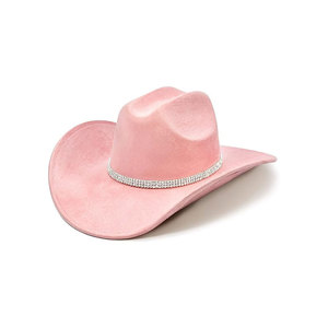 Sombrero vaquero de fieltro no tejido rosa con banda de diamantes de imitación y ala ancha, estilo occidental - Product Image 1