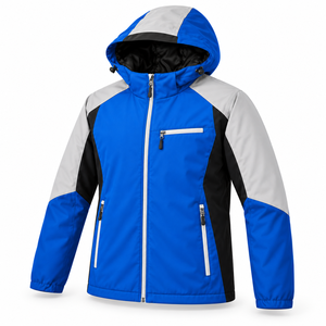 Color Block <b>Mens</b> Winter Softshell Jacket Full Zip Adjustable Hood Trail Workwear Chest Pocket Custom Logo Printing Elastic Cuffs - Product Image 2