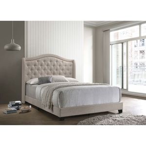 Lit Queen Size Beige Cuivre avec Tête de Lit Rembourrée – Accessoire de Literie Confortable - Product Image 1