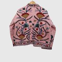 Veste à col mandarin brodée à la main avec des motifs floraux, manches longues, en coton, pour femmes, taille plus, style Prairie Chic, à porter au printemps