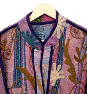 Elegant Printed Floral Stripe Knitted Kantha Cotton <b>Jacket</b> <b>Mandarin</b> <b>Collar</b> Regular Sleeve Women's Outerwear Autumn Winter - Product Image 3