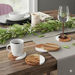 Round Wooden Coaster Set 8mm Thick Non Slip Modern Design Mats & <b>Pads</b> 4 pcs Handcrafted Marble Pattern - Product Image 2
